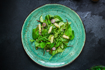 pasta salad penne (leaves Lettuce, Spinach, Vegetables, Gemelli) Menu Concept. food background. copy space. Top view