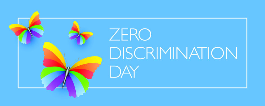 Zero Discrimination Day vector design with rainbow butterflies on blue background
