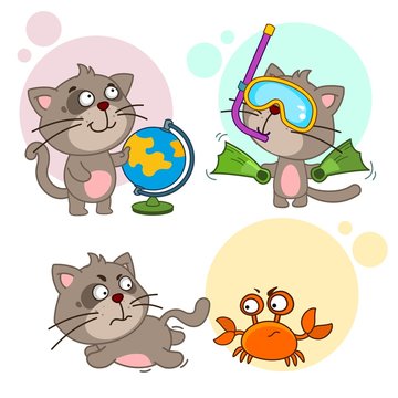 Set of children's illustrations for children and design. A cat with a globe is planning a rest, in an underwater mask and with flippers, running away from an evil crab that tweaks claws.