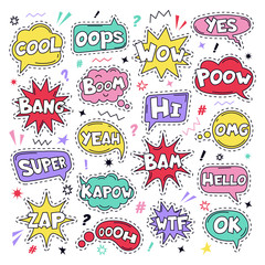 Text patch stickers. Speech comic funny text patches, Cool, Bang and Wow doodle comical speech clouds, thinking bubbles and comics words vector illustration icon set. oops, yes and ok, wtf signs