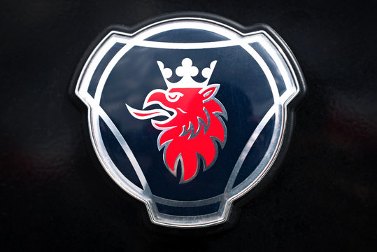 Kielce, Poland, March 16, 2019: Scania sign on a track grill in close-up. Scania AB is a famous Swedish manufacturer of heavy trucks and buses.