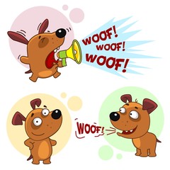 Set of dog characters. The dog barks hysterically in a shout and calmly barks.