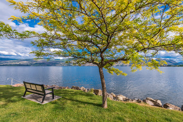 A bench with gorgeous view at mountain lake, British Columbia, Canada.