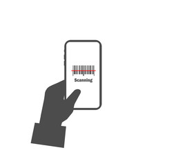 Flat design vector icon - barcode reading through a mobile application in a smartphone. Vector template smartphone and barcode. Smartphone in hand - vector illustration on an outlined background