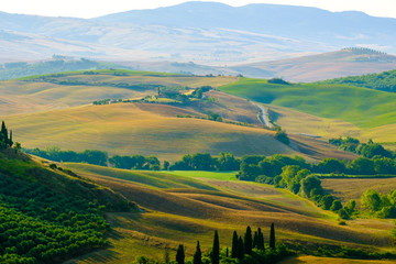 Fototapeta na wymiar Late summer aerial landscape of valley in Tuscany