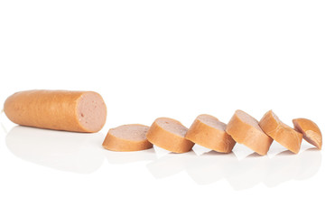 Group of one half six slices of pork frankfurt sausage isolated on white background