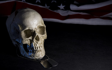 Skull with military medallions on a dark background with the American flag. Concept: dead soldiers...