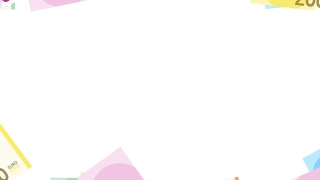 Transition billets de banques en euros avec arriv&eacute;e et d&eacute;part des billets &agrave; partir du centre (flat design avec masque de transparence)