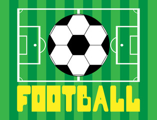 Soccer ball with field markings and the text football. Sports vector illustration.