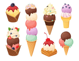 Cartoon gelato and waffle cones with ice cream balls. Ice cream food in chocolate strawberry mint and vanilla flavors. Various toppings waffle cups and sundae.  Vector illustration desserts part 5/5