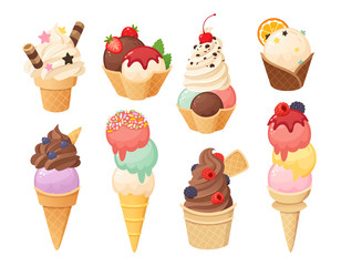 Cartoon gelato and waffle cones with ice cream balls. Ice cream food in chocolate strawberry mint and vanilla flavors. Various toppings waffle cups and sundae.  Vector illustration desserts part 4/5