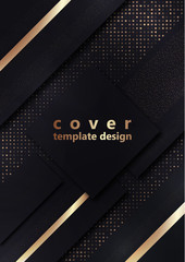 Black geometric shapes on a background of halftones from squares. Inclined stripes and small particles of gold color. Universal template for cover design, business card, flyer.
