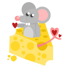 Valentine`s Day. Rat stuck in cheese and found a heart. Tail in the shape of a heart. Year of the rat. Cutie eyes and pink tail