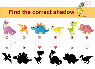 Find correct shadow. Kids educational game. Dinosaurs