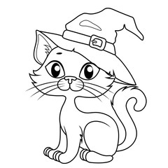 Cute cartoon halloween cat in halloween hat. Black and white vector illustration for coloring book