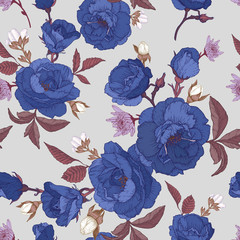 Vector floral seamless pattern with blue roses, chrysanthemums and white jasmine