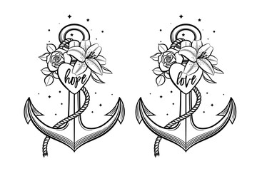 Anchor decorated with flowers, heart and lettering love and hope. Hand drawn vector illustration in vintage style