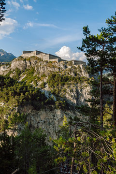 View of Fort Victor-Emmanuel. Dominating the Arc Valley , the rocky foothills of Esseillon, a natural defensive barrier a hundred metres high, blocks the access to the Haute-Maurienne Valley. 