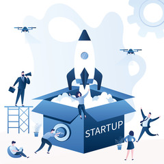 Startup or new business concept background. Open box and rocket takes off.