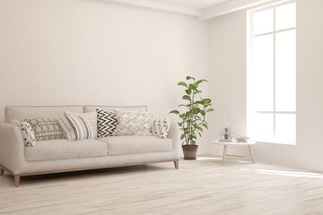 Stylish room in white color with sofa. Scandinavian interior design. 3D illustration