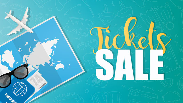Ticket sale poster. Blue air ticket sale banner. Tickets, passport, world map, travel suitcase, top view. Vector illustration