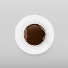 Realistic cup with coffee vector. White cup on a saucer top view. Esplesso isolated on a white background.