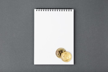 bitcoin on a notebook, coin bitcoin on a table