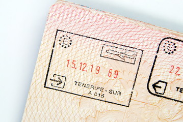 stamp in the passport of arrival in Tenerife