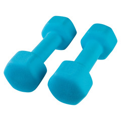 beautiful dumbbells for fitness, turquoise color, on a white background