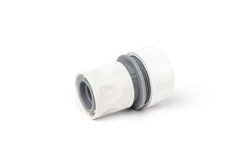 White garden water hose connector isolated on white background.
