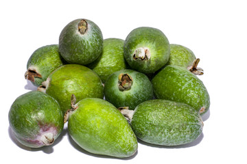 Juicy ripe delicious green feijoa fruit. On a white background