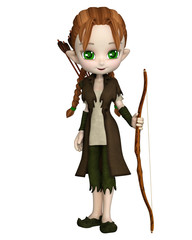 Cute toon Wood Elf archer girl with bow and arrows, 3d digitally rendered illustration
