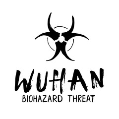 Wuhan lettering with Hand Drawn Biohazard symbol icon. Vector illustration isolated on white background