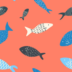 Seamless pattern with of cute hand-drawn fish. Creative scandinavian kids texture for wrapping paper, fabric, textile, gender-neutral kid nursery design