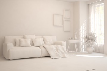 Mock up of stylish room in white color with sofa. Scandinavian interior design. 3D illustration