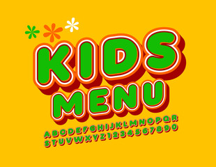 Vector colorful logo Kids Menu. Bright modern Font. Creative Alphabet Letters and Numbers.