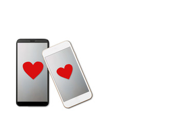 Valentine day concept, two smartphones vith red heart shape on screen, isolated on white background