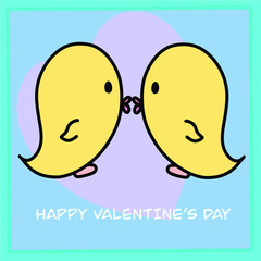 Cute yellow chicken lover couple cartoon on blue frame background wallpaper. Happy Valentine's day. 14 February. Vector illustration in flat design.