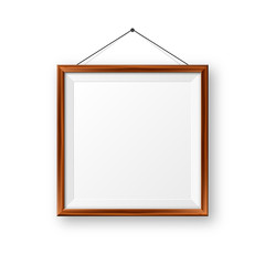 Realistic hanging on a wall blank wooden picture frame. Modern poster mockup. Empty photo frame with texture of wood. Art gallery. Vector illustration.