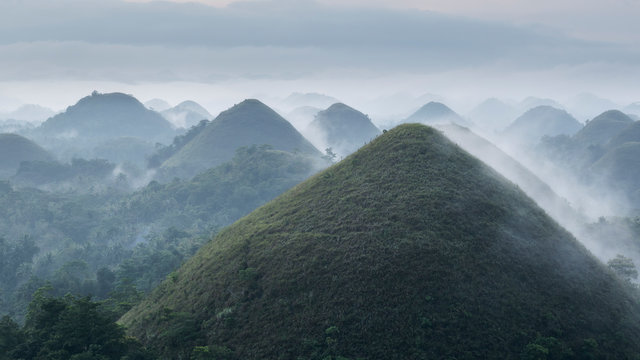 Panorama view of chocolate hills in Bohol, philippines at sunrise, mist fog, carmen, Asia