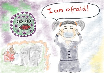 little girl in a mask, she is afraid of the epidemic of coronavirus. Fears of the child. Danger threatens children.