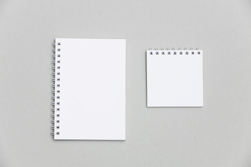 Two blank notepads on gray background to replace your design. Top view mockup.