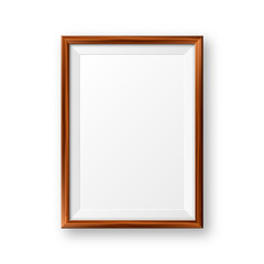 Realistic blank wooden picture frame. Modern poster mockup. Empty photo frame with texture of wood. Art gallery. Vector illustration.