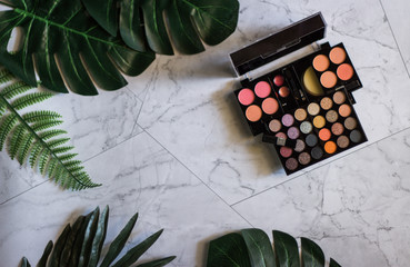 A multicolored set of shadows and blush. Cosmetics for girls and women.