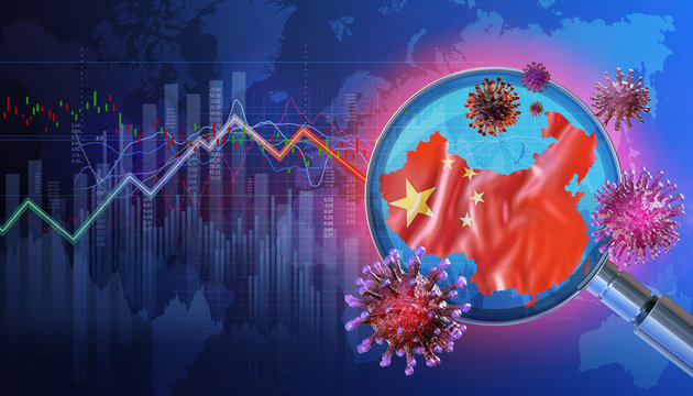 China economy background with coronavirus, flag, downtrend charts of financial instruments, display of daily stock exchange market price data, quotations. Chinese ncov corona virus pandemic 3D concept