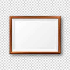 Realistic blank wooden picture frame. Modern poster mockup. Empty photo frame with texture of wood. Art gallery. Vector illustration.