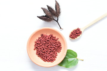 Achiote seed called Bixa orellana of America, used to flavor food