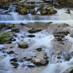 Fototapeta na wymiar West Lyn River in village of Lynmouth, Devon, on the northern edge of Exmoor National Park. Long exposure of the river flows downstream.