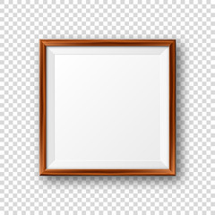 Obraz premium Realistic blank wooden picture frame. Modern poster mockup. Empty photo frame with texture of wood. Art gallery. Vector illustration.