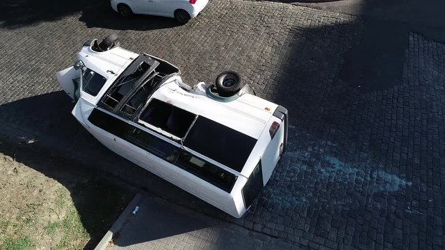 minibus with people rolled over on the road in the Dnieper aerial panoramic top view flying sky copter drone footage